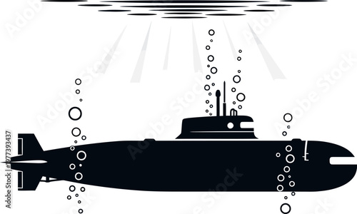 Black Submarine Silhouette Underwater Bubbles.