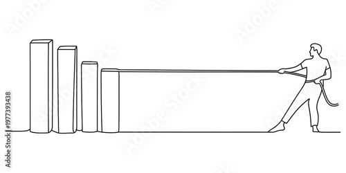 A single line drawing of a person pulling a rope attached to a bar chart to show growth progress Vector, illustration