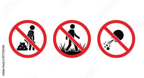 Prohibited activities defecating urinating and littering in a public space silhouette