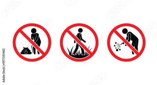 Prohibited activities urination littering and damaging plants silhouette