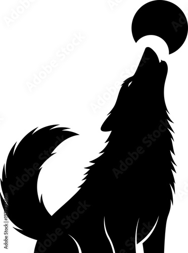 Black Wolf Howling Silhouette Against Moon.