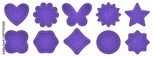 Set of purple denim texture patch shapes with dashed line stitching