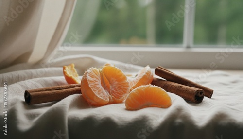 Vibrant citrus and cinnamon aesthetic with a fresh natural vibe on a soft cloth backdrop.
