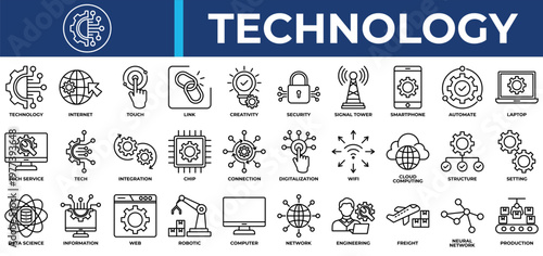 Technology icon set collection. Containing interaction, link, advice, touch, insurance, learning, relation .Line vector icons collection