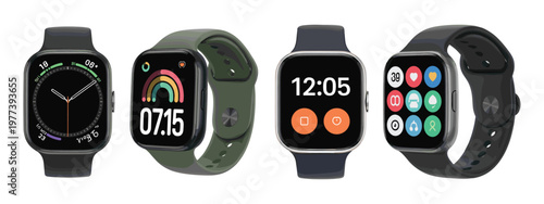 Black smartwatch with green and white digital time and fitness tracking