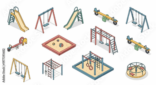 Collection of isometric playground equipment on a white background, including swings, slides, and climbing frames.