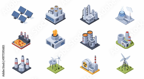 Collection of isometric industrial factory and power plant icons representing various energy sources and production facilities.