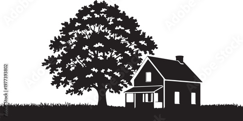 Silhouette of a country house and a large tree in a rural landscape vector illustration isolated on white
