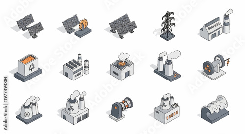 Collection of isometric industrial factory icons representing various energy production and manufacturing processes.