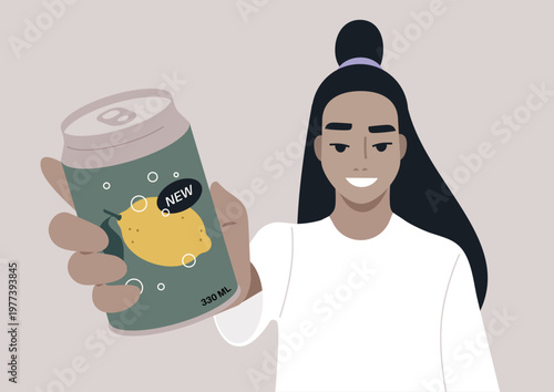 A cheerful character holds out a can of soda featuring a bright fruit design, The atmosphere is lively, hinting at a fun beverage experience waiting to be enjoyed.