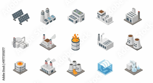 Collection of isometric industrial factory and power plant icons, representing various energy sources and production facilities.