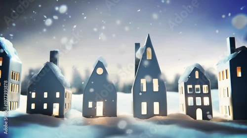Miniature Festive Houses with Glowing Windows in a Snowy Landscape