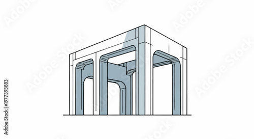 Modern architectural drawing of a minimalist concrete structure with rounded archways and columns.