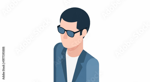 Modern flat illustration of a young man wearing sunglasses and a suit jacket, isolated on a white background.