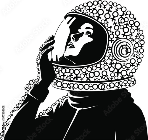 A black and white vector illustration of a woman wearing a futuristic astronaut helmet with a decorative design