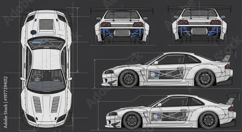 Detailed Blueprint of a Modified Sports Car.
