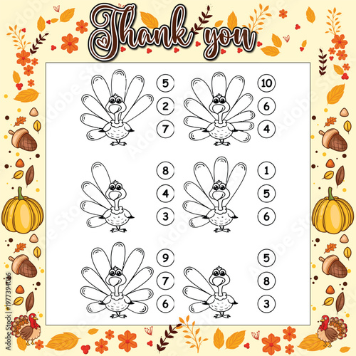 A Thanksgiving activity sheet displays six small cartoon turkeys, each with a set of numbers, prompting users to match the numbers to corresponding color choices for a festive game.