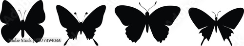 Four black butterfly silhouettes isolated on transparent checkered background elegant wing design.