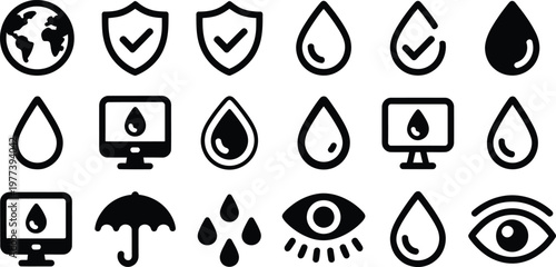 Black and white icons of water drops and protection symbols on white background