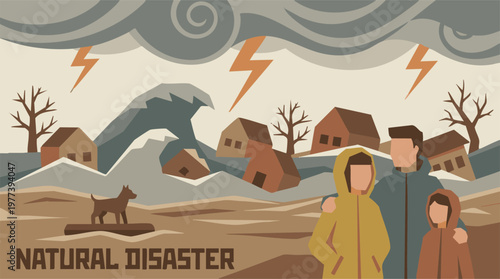 Vector Illustration of a Natural Disaster with Flooding, Family, and Dog
