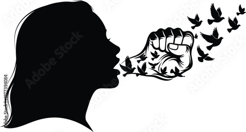 A black silhouette of a woman's head with birds flying out of her mouth in a powerful gesture