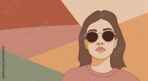 A colorful vector illustration of a woman wearing sunglasses against a vibrant geometric background