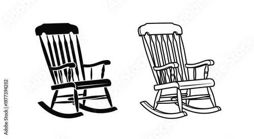 Two vintage rocking chairs depicted in a stark black silhouette