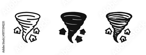 Tornado Disaster and Storm Damage Icon Set with Houses
