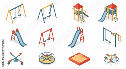 Collection of isometric playground equipment icons including swings, slides, merry-go-rounds, and sandboxes.