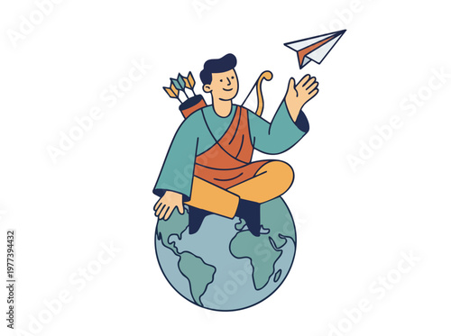 Man with bow and arrow sitting on globe launching paper airplane.