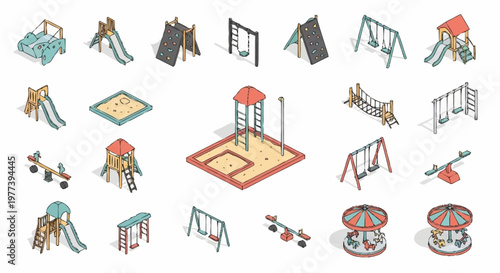 Collection of isometric playground equipment and structures for children's outdoor recreation.