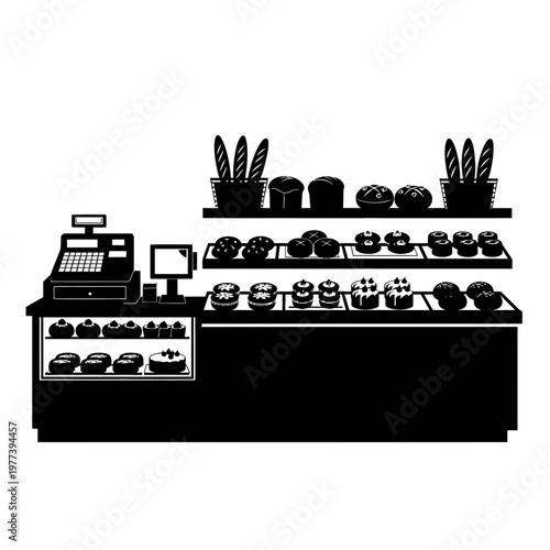 A black and white vector illustration of a bakery counter with various pastries and a cash register