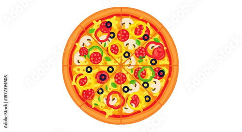 Delicious Vector Pizza with Pepperoni, Olives, and Vegetables, Isolated