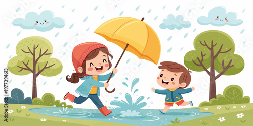 Children splashing in puddles under a yellow umbrella on a rainy day with children umbrella splashing childhood outdoors activity laughter carefree illustration