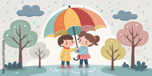 Children holding a colorful umbrella in a puddle on a rainy day with kids playing children umbrella colorful together outdoors childhood illustration activity carefree