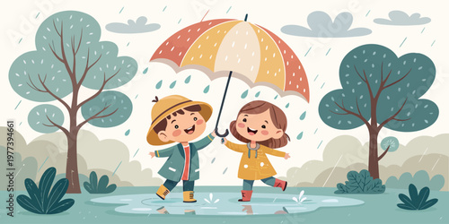Two children with a large umbrella splashing in puddles on a rainy day outdoor fun children umbrella splashing childhood outdoors activity laughter carefree illustration together