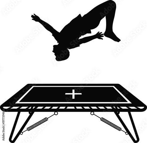 Trampoline silhouette, acrobatic backflip, dynamic motion, human figure, athletic jump, sports activity, balance, energy, performance art, stock illustration, movement concept