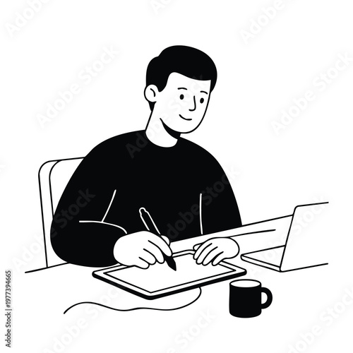 Man working on digital tablet with laptop and coffee.