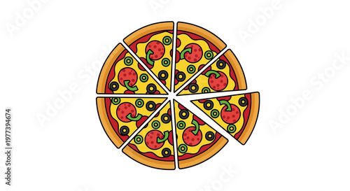 Delicious Cartoon Pizza with Pepperoni, Olives, and Green Peppers, Slices