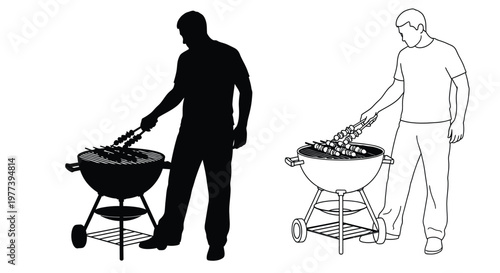 Man grilling meat outdoors with a contrasting black silhouette