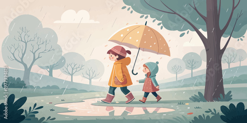 Brother and sister walking under an umbrella during a rain shower with outdoor activity weather illustration childs play children umbrella childhood outdoors together illustration seasonal