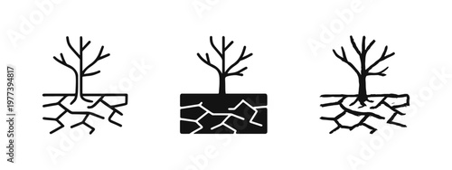 Drought and dead tree icon set showing cracked earth in line, solid, and hand-drawn sketch styles