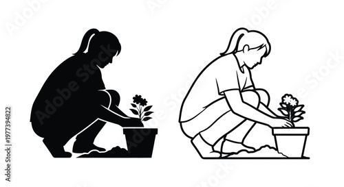 Two girls tending plants one in shadow a striking silhouette