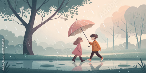 Boy and girl walking in the rain under a large umbrella with outdoor activity weather illustration childs play children umbrella childhood outdoors friendship together illustration seasonal