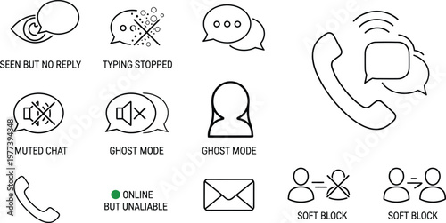 A set of minimalist line art icons depicting various social media and communication statuses