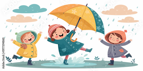 Children playing in puddles with an umbrella on a rainy day child s play children umbrella splashing childhood illustration raincoat activity laughter cheerful recreation childlike