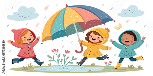 Three happy children in raincoats splashing in puddles under a colorful umbrella with rainy day children umbrella splashing childhood laughter clothing raincoat colorful illustration