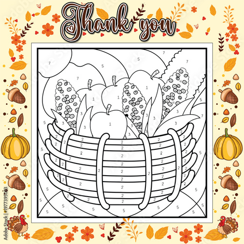 A Thanksgiving basket overflowing with corn on the cob, apples, and other produce is rendered as a color-by-number activity with numerical assignments for each section.
