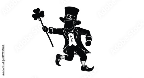 A leprechaun cheerfully strides with a shamrock black silhouette