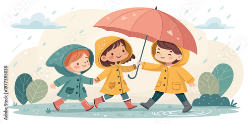 Three kids walking in the rain under a single umbrella with rainy day children umbrella childhood together friendship illustration raincoat protection activity recreation childlike